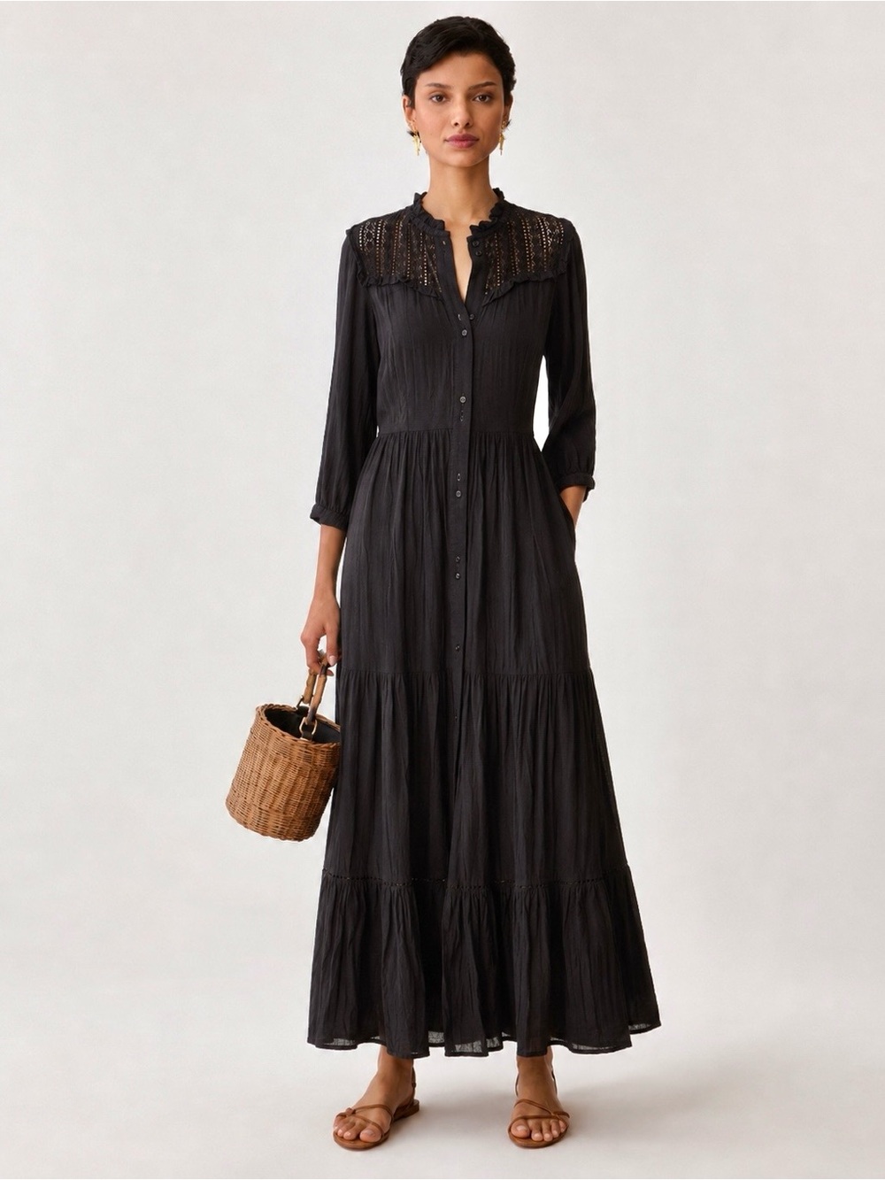 Black Crochet Boho Maxi Dress US 4 Lace FatFace Y2K Coastal Fall 100% Cotton